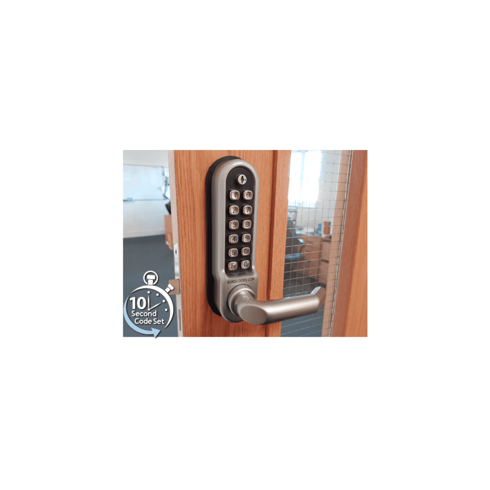 EleMake Mechanical Push Button Door Lock – Keyless Digital Code Entry, Stainless Steel, Matte Silver, Left/Right Hand